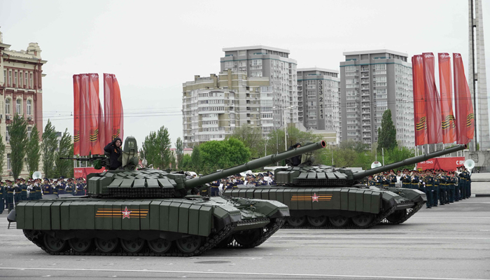 Russian tanks roll along a street during the Victory Day military parade in Rostov-on-Don on May 9, 2023. Russia celebrates the 78th anniversary of the victory over Nazi Germany during World War II. — AFP