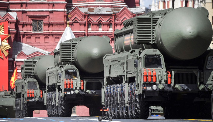 This photo was taken on May 09, 2022, Russian Yars ICBM launchers parade through Red Square during the Victory Day military parade in central Moscow on May 9, 2022. — AFP