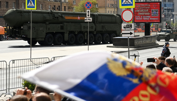 A Russian Yars intercontinental ballistic missile launcher moves along the Garden Ring road after the Victory Day military parade in central Moscow on May 9, 2023. — AFP