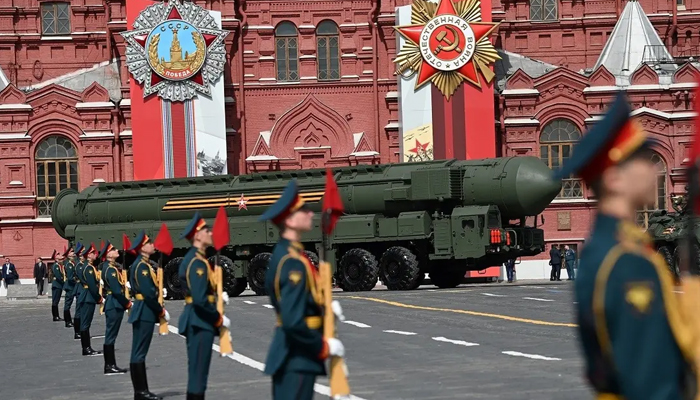 Russian Yars intercontinental ballistic missile launcher parades through Red Square during the general rehearsal of the Victory Day military parade in central Moscow on May 7, 2022. (AFP)