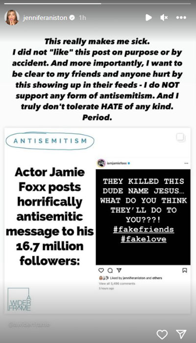 Jennifer Aniston feels ‘sick’ after liking Jamie Foxx anti-Semitic post