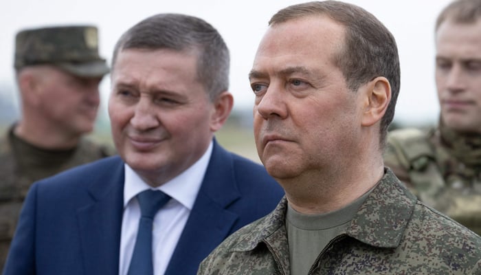 Russias former leader Dmitry Medvedev who is now deputy chairman of the countrys security council, visits the Prudboy range in the Volgograd region in Russia, on June 1, 2023. — AFP