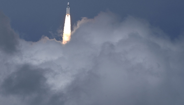 Indian Space Research Organisation (ISRO) rocket carrying the Chandrayaan-3 spacecraft lifts off from the Satish Dhawan Space Centre in Sriharikota on July 14, 2023. — AFP