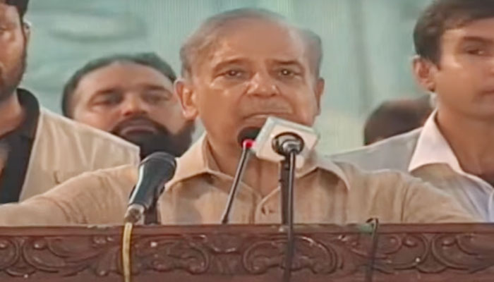 Prime Minister Shehbaz Sharif addresses the public rally in Kasur in this still taken on August 6, 2023. — YouTube/PTV