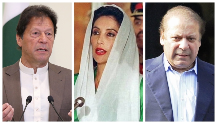 (L to R) Former prime ministers Imran Khan, Benazir Bhutto, and Nawaz Sharif. — Reuters and social media