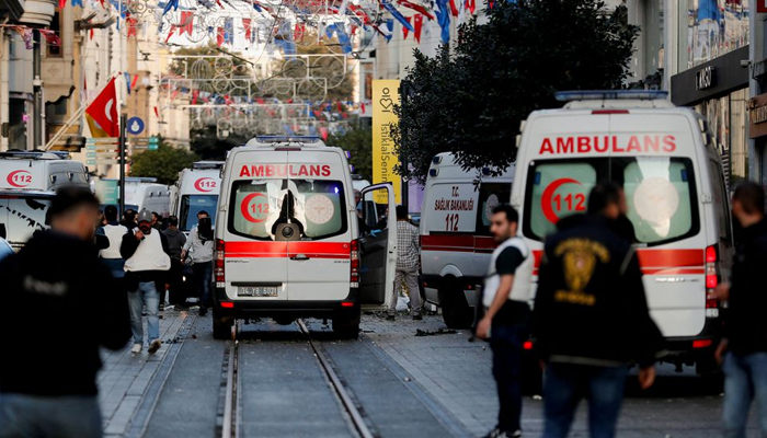 View of ambulances at the scene after an explosion on busy pedestrian Istiklal Street in Istanbul, Turkey, November 13, 2022. — Reuters