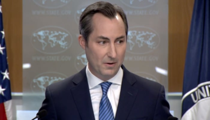 State Department spokesperson Matthew Miller addressing a press briefing in Washington, on August 8, 2023, in this still taken from a video. —State Department