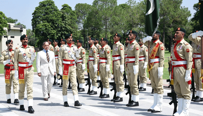 Prime Minister Shehbaz Sharif on his farewell visit to the GHQ on August 8, 2023. — ISPR