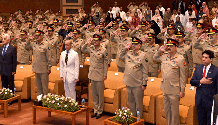 Prime Minister Shehbaz Sharif on his farewell visit toGeneral Headquarters (GHQ) on August 8, 2023. — ISPR