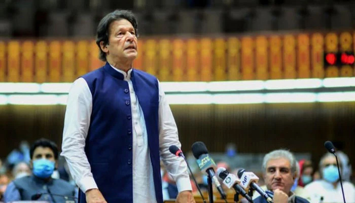 Pakistan Tehreek-e-Insaf (PTI) Chairman Imran Khan addressing the National Assembly. — AFP/File