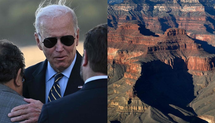 US President Joe Biden is greeted as he arrives at Grand Canyon National Park Airport in Grand Canyon Village, Arizona, on August 7, 2023 (L) and A general view of the South Rim of the Grand Canyon in Grand Canyon National Park, Arizona, on February 13, 2017 (R).—AFP