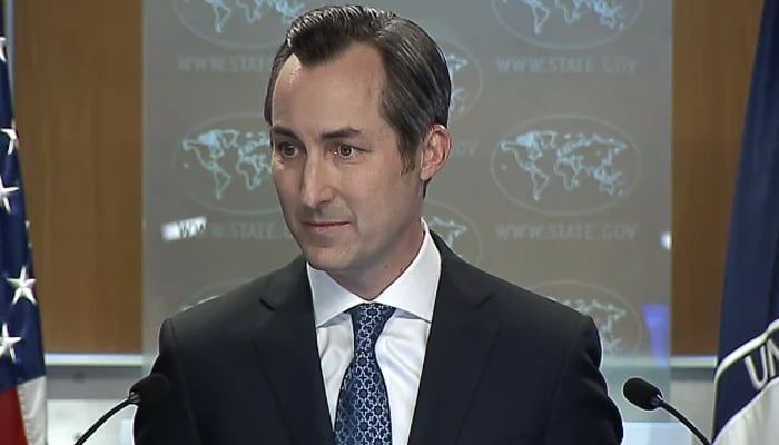 State Department spokesperson Matthew Miller addressing a press briefing in Washington, on August 8, 2023, in this still taken from a video. — State Department