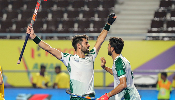 Pakistani players celebrate after hitting a goal against China, on August 7, 2023. — Twitter/@TheHockeyIndia