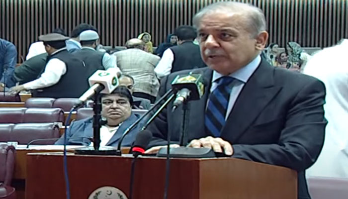 Prime Minister Shehbaz Sharif addresses the farewell session of the Nationa Assembly in this still taken from a video on August 9, 2023. — YouTube/PTV