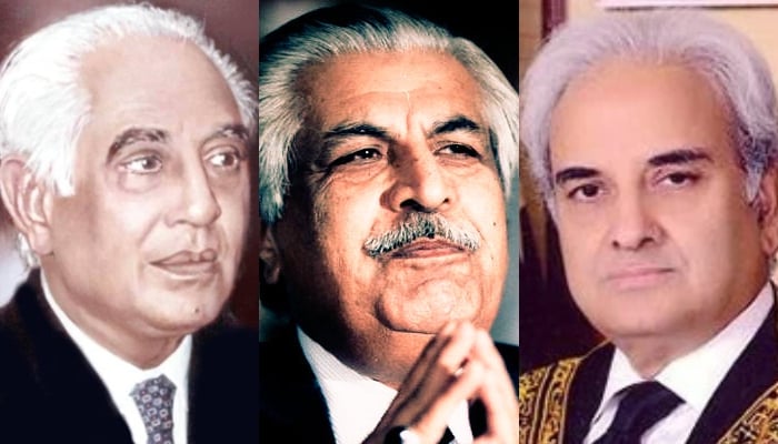 A collage of former caretaker prime ministers Malik Meraj Khalid (left), Ghulam Mustafa Jatoi (centre) and Justice Nasir-ul-Mulk. — Facebook/AFP/SC website