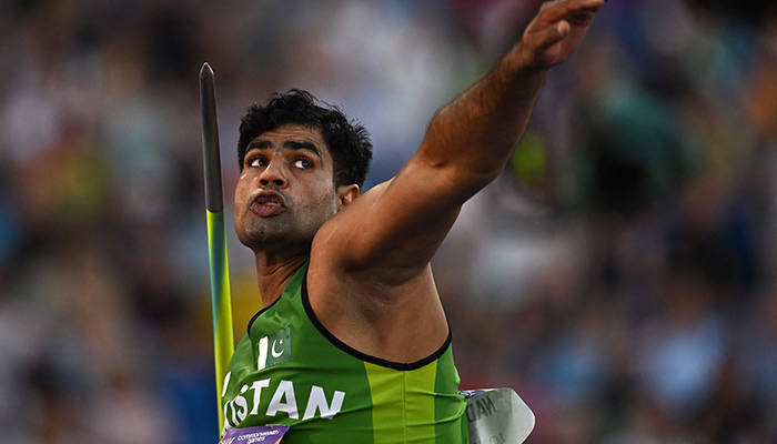 Pakistans Arshad Nadeem competes to win and take the gold medal in the mens javelin throw final athletics event at the Alexander Stadium, in Birmingham on day ten of the Commonwealth Games in Birmingham, central England, on August 7, 2022. — AFP