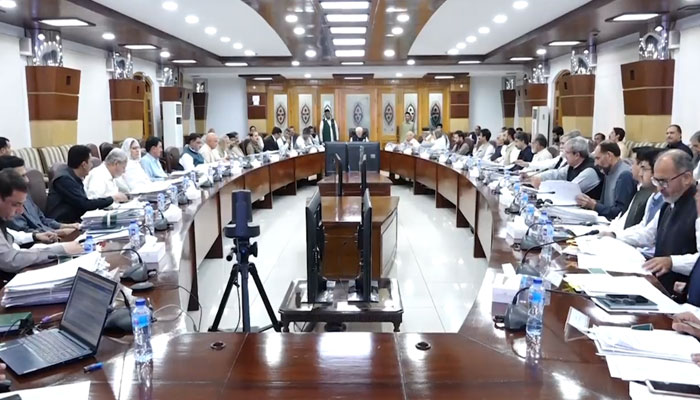 Caretaker Chief Minister Azam Khan chairing a meeting of the interim cabinet. — Screengrab/Twitter/KPChiefMinister