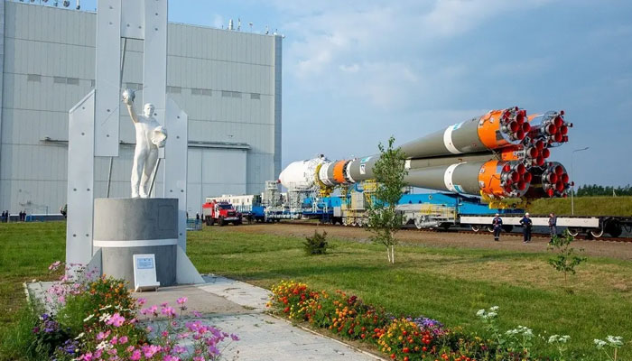 The Soyuz-2.1b rocket booster with the lunar landing spacecraft Luna-25 is rolled out onto the launchpad ahead of its upcoming launch at the Vostochny Cosmodrome in the Amur region, Russia, August 8, 2023. Reuters