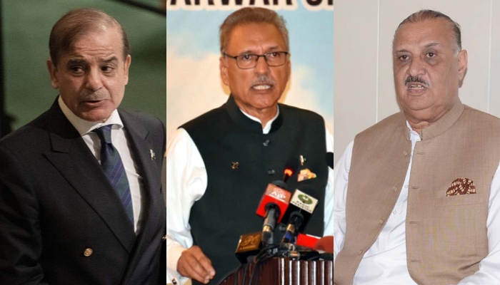 (L to R) Prime Minister Shehbaz Sharif, President Arif Alvi and  Leader of the Opposition in the outgoing National Assembly Raja Riaz. — AFP/PPI/APP/Files