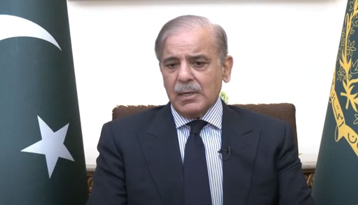 Prime Minister Shehbaz Sharif speaking during his interview with PTV. — Screengrab/PTV