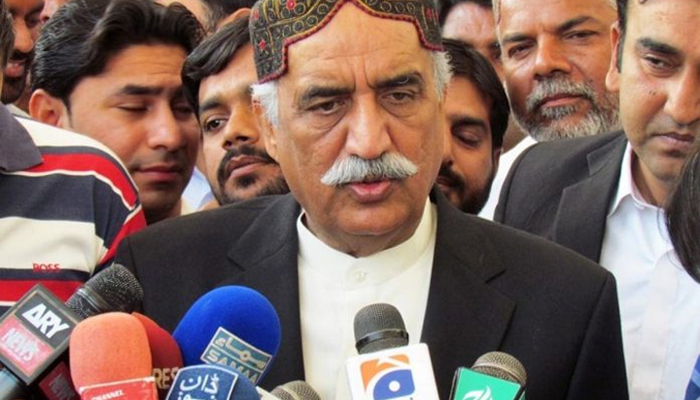 Former federal minister for Water Resources Syed Khursheed Ahmad Shah addressing a press conference in Islamabad. — APP