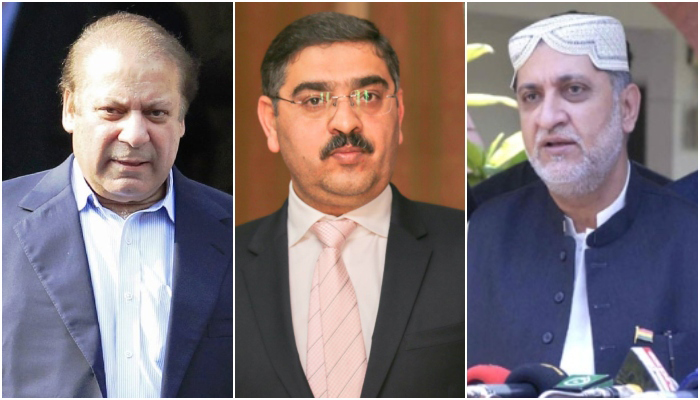 (L to R) Nawaz Sharif, Senator Anwar-ul-Haq Kakar, and Akhtar Mengal. — Reuters/Facebook/Online