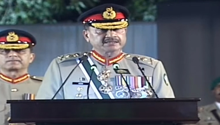 Chief of Army Staff General Asim Munir is addressing the ceremony at Pakistan Military Academy in Kakul in this still taken from a video on August 14, 2023. — YouTube/GeoNews