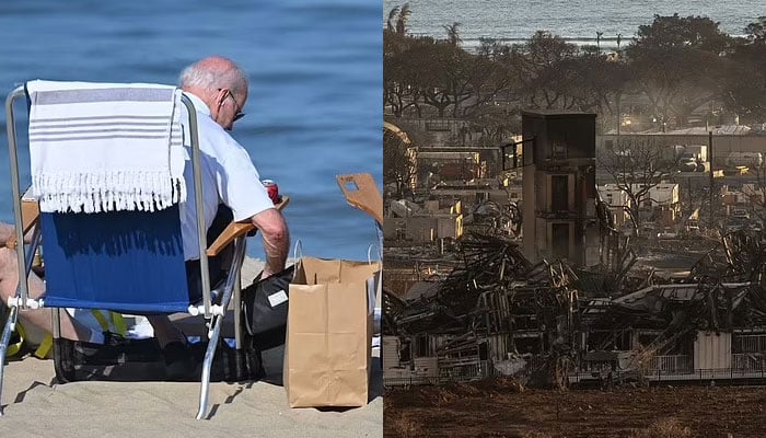 The Bidens spent the weekend at their summer house in Delaware (L) while burned houses and buildings are pictured on Saturday in the aftermath of the wildfire (R).—AFP