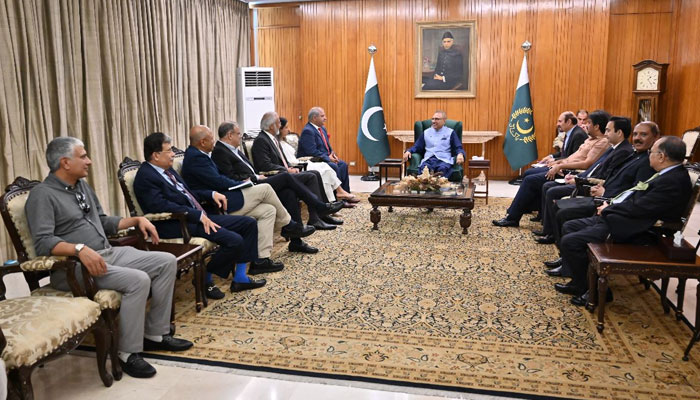 President Dr Arif Alvi while speaking to a delegation of representatives of PFUJ, APNS, CPNE, and AEMEND on August 15, 2023. — Provided