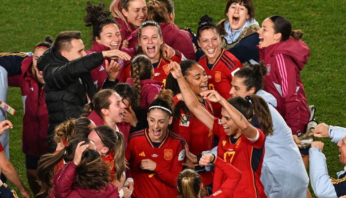 Spain´s players celebrate their win in the Australia and New Zealand 2023 Women´s World Cup semi-final football match between Spain and Sweden at Eden Park in Auckland on August 15, 2023.—AFP