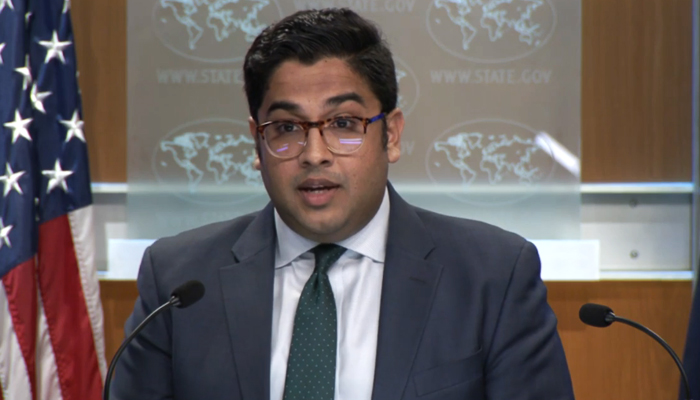 State Department Principal Deputy Spokesperson Vedant Patel speaks during a press briefing in Washington, on August 15, 2023, in this still taken from a video. —  State Department