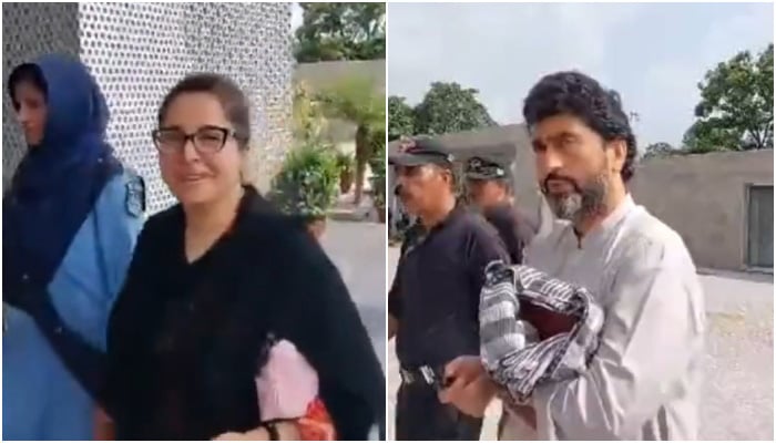 PTI leaders Shandana Gulzar (left) and Shehryar Afridi ahead of their appearance before the Islamabad High Court, on August 16, 2023, in this still taken from a video. — Twitter/@PTIofficial