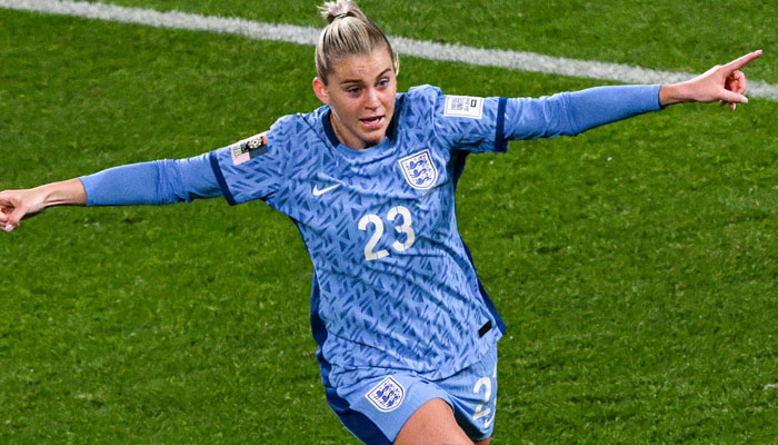 England´s forward #23 Alessia Russo celebrates scoring her team´s third goal during the Australia and New Zealand 2023 Women´s World Cup semi-final football match between Australia and England at Stadium Australia in Sydney on August 16, 2023.—AFP