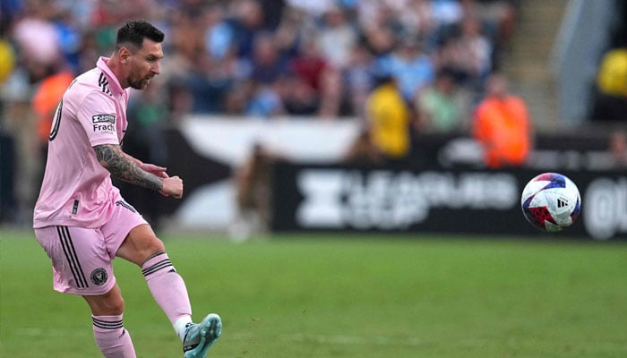 CHESTER, PENNSYLVANIA - AUGUST 15: Lionel Messi #10 of Inter Miami CF shoots the ball in the first half during the Leagues Cup 2023 semifinals match between Inter Miami CF and Philadelphia Union at Subaru Park on August 15, 2023 in Chester, Pennsylvania.—AFP