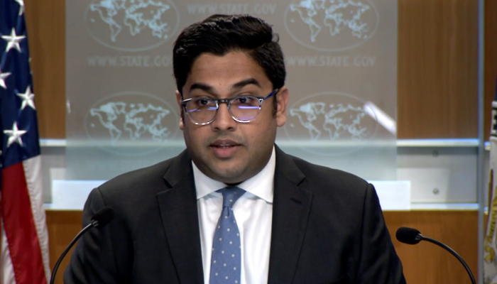 State Department Principal Deputy Spokesperson Vedant Patel speaks during a press briefing in Washington, on August 16, 2023, in this still taken from a video. — State Department
