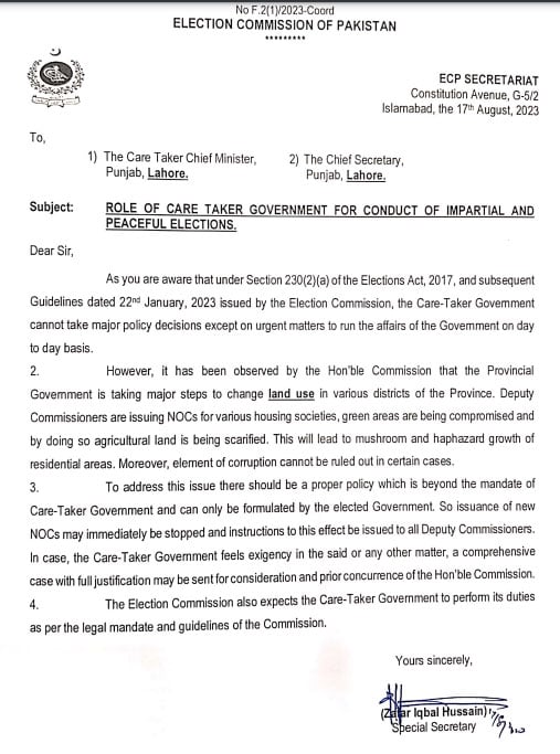 ‘Do not issue NOC for housing societies’, ECP tells Punjab caretaker govt