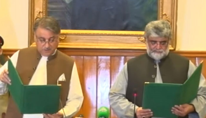 Newly-appointed Balochistan caretaker Chief Minister is taking oath in this still taken from a video on August 18, 2023. — YouTube/PTV