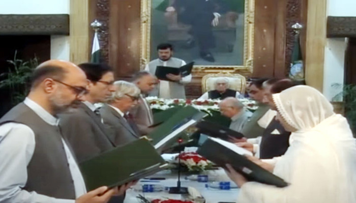 The Khyber Pakhtunkhwa caretaker cabinet takes oath on August 19, 2023. — Radio Pakistan