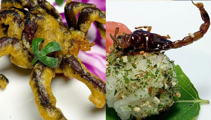 Chef Yoons Tempura tarantula (L) and Yoons Manchurian scorpion sesame rice ball (R).—Brookyln Bugs