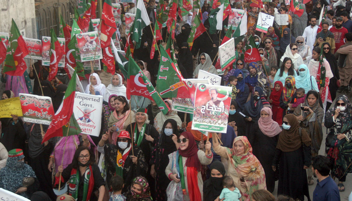 Activists of Pakistan Tehreek-e-Insaf (PTI) hold a protest rally in Karachi on February 26, 2023. — Online