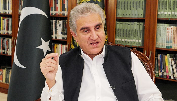 Ex-foreign minister Shah Mahmood Qureshi gestures as he speaks during an interview with Reuters at the Ministry of Foreign Affairs (MOFA) office in Islamabad, June 25, 2020. — Reuters