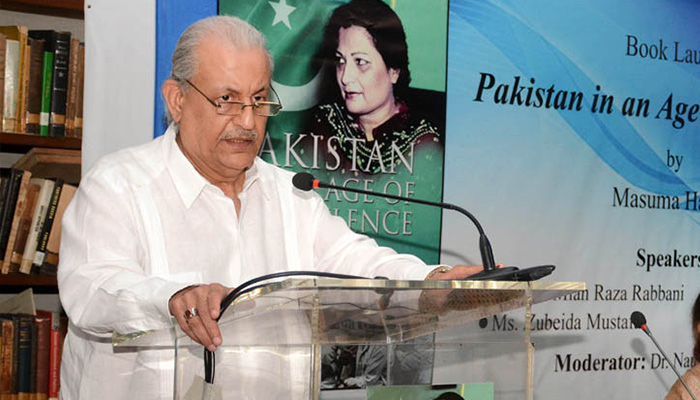 Senator Mian Raza Rabbani addressing at the launching ceremony of a book titled Pakistan in an age of Turbulence at the Pakistan Institute of International Affairs. — APP/File