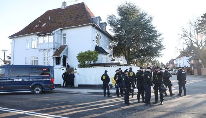 Police patrols the area in front of the Turkish embassy, where Danish far-right politician Rasmus Paludan has announced to burn a copy of the Quran. — Reuters