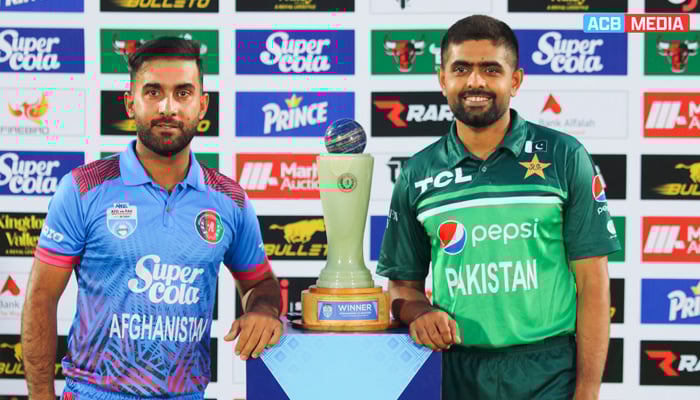 Captains of Pakistan and Afghanistan at the trophy unveiling ceremony on August 21, 2023. —ACB