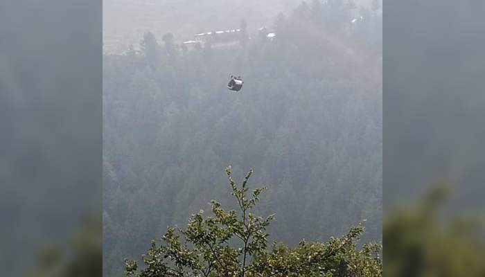 View of cable car after stranded mid-air in the Allai Tehsil in Battagram, Khyber Pakhtunkhwa. — X/sherryrehman