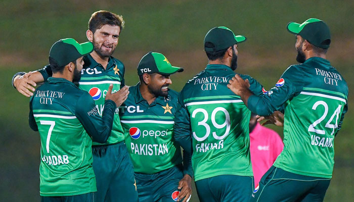 Pakistans Shaheen Afridi (2L) celebrates with teammates after taking the wicket of Afghanistans Rahmat Shah (not pictured) during the first one-day international (ODI) match between Pakistan and Afghanistan at the Mahinda Rajapaksa International Cricket Stadium in Hambantota on August 22, 2023. — AFP