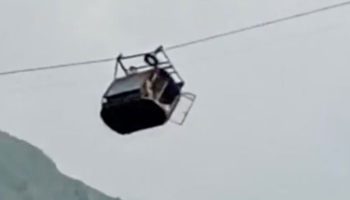 A view shows a cable car carrying students stranded mid-air in Battagram, Khyber Pakhtunkhwa, August 22, 2023, in this screen grab obtained from a social media video. — Reuters