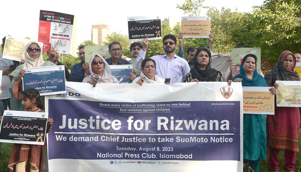 Civil society and activists protest calling for justice for Rizwana outside the National Press Club in Islamabad on August 8, 2023. — INP