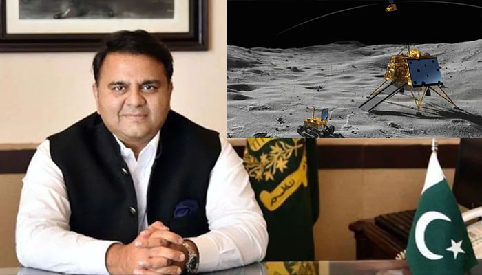 The image shows Pakistani politician Fawad Chaudhry with Chandrayaan-3 Vikram landers icon at the top right. — Facebook/ISRO