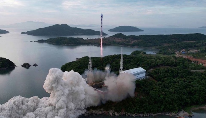 A photograph shows North Koreas new Chollima-1 rocket being launched in Cholsan County, North Korea, May 31, 2023. — KCNA